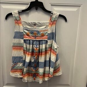 Free People Embroidered Striped Sleeveless Swing Tank Top
